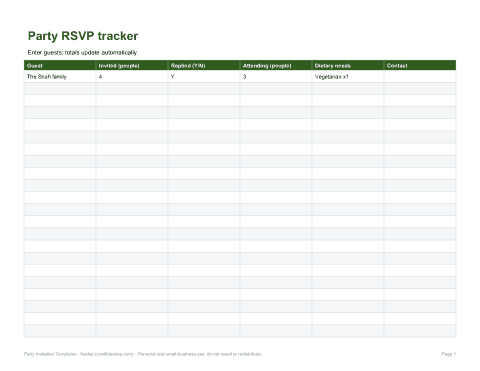 Preview of the first page of RSVP tracker (XLSX)
