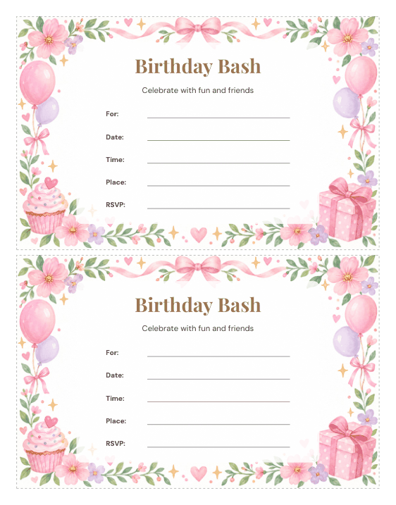 Preview of Free Printable Birthday Invitations for Girls