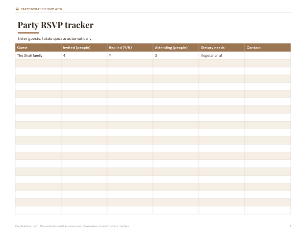Preview of Printable Party RSVP Tracker